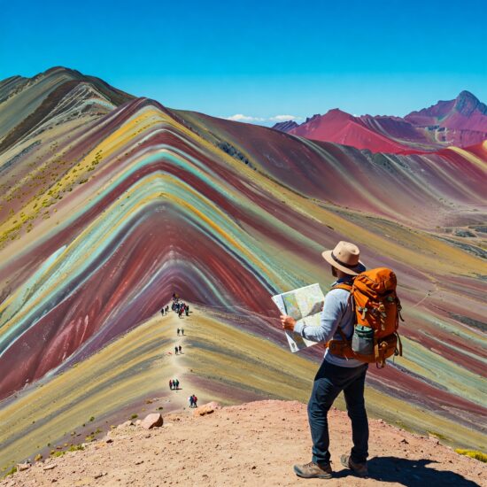 a man standing on a mountain looking at a map